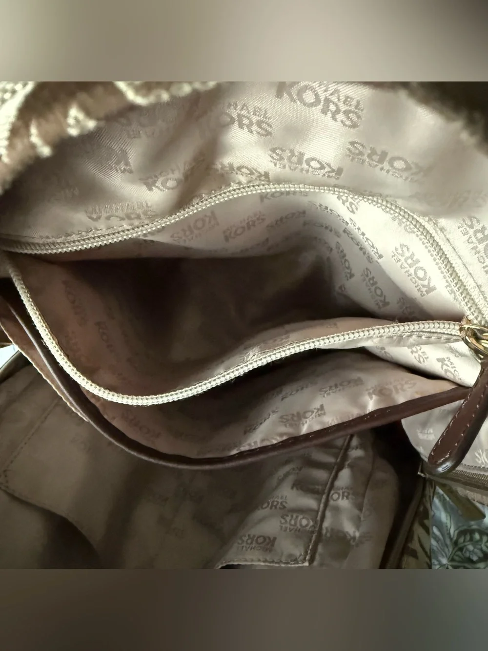 Michael Kors Monogram Logo Backpack with Gold Tone Hardware and Faux Leather Str